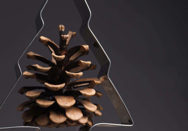 Christmas tree shape with pine cone and wooden dices with the words God Jul, Scandinavian Merry Christmas