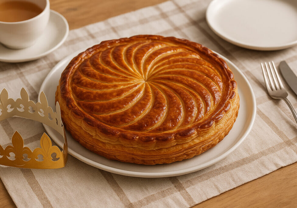 Galette des rois traditionnelle à la frangipane servie sur une table conviviale